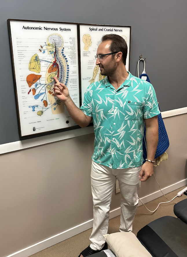 Dr. Saber explains how spinal nerves connect to different areas of the body, a core concept behind chiropractic care. He treats patients with disc injuries, sports pain, and nerve-related issues.  